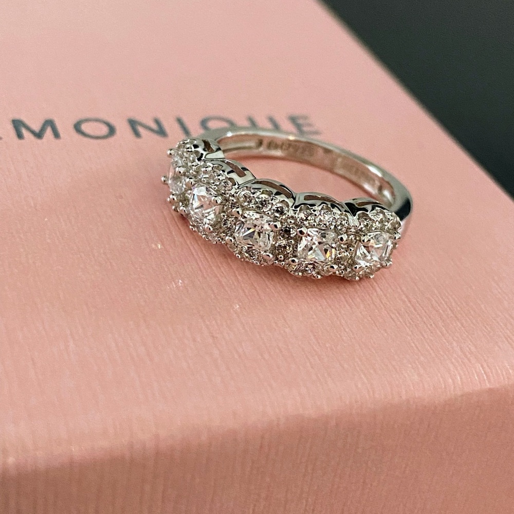 Diamonique CZ Cushion Cut Halo Half Eternity Band Ring, Platinum-Clad, Size 5